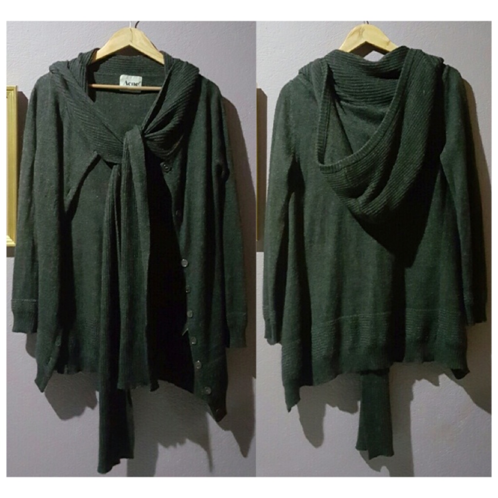 New Acne Alpaca Wool Layered Knit Oversized Chunky Scarfneck Hooded Sweater Coat